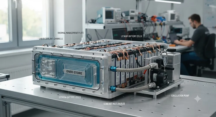 Illustration of a high-efficiency lithium battery cooler designed for optimal thermal management.