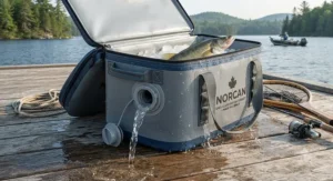 A marine-grade fish bag cooler featuring a sturdy shoulder strap for easy carrying to the boat.