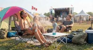Festival-goers relaxing at their campsite using a portable misting fan for festivals on a warm summer afternoon.