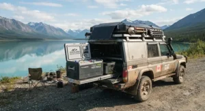 An overland expedition vehicle equipped with a portable solar fridge for overlanding parked beside a scenic lake in northern Canada.