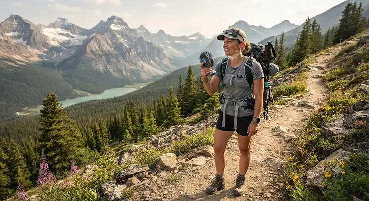 A hiker staying cool on a warm summer trail in the Canadian Rockies using a portable fan for hiking.