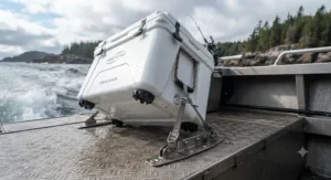 Securely mounted fish cooler for a boat featuring non-slip feet for rough coastal waters.