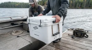 Ergonomic handles on a portable fish cooler for a boat making it easy to carry ashore at the dock.