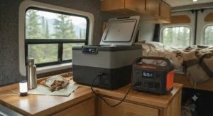 A portable freezer for off-grid RV plugged into a portable lithium power station inside a motorhome during boondocking.