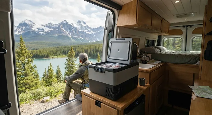 A compact portable freezer for off-grid RV set up inside a camper van overlooking a scenic Canadian mountain landscape.