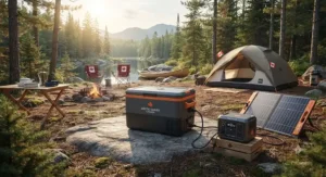 A portable generator-compatible cooler plugged into a power station at a Canadian backcountry campsite.