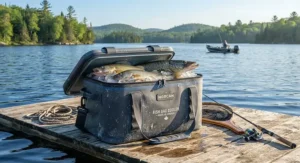 A heavy-duty portable fish bag cooler on a dock by an Ontario lake during a summer morning.