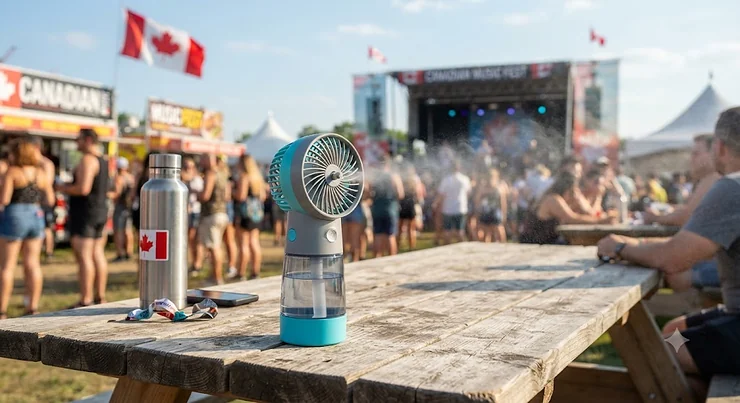 A portable misting fan for festivals resting on a wooden picnic table at a sunny outdoor Canadian summer concert.