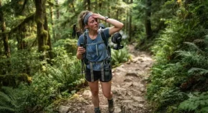 A hiker wiping sweat and using a portable personal fan for cooling relief on a hot humid day along a wooded trail.