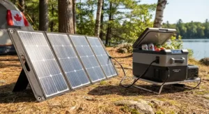 Close-up of a foldable solar panel charging a portable camping fridge during a sunny weekend trip in Ontario.