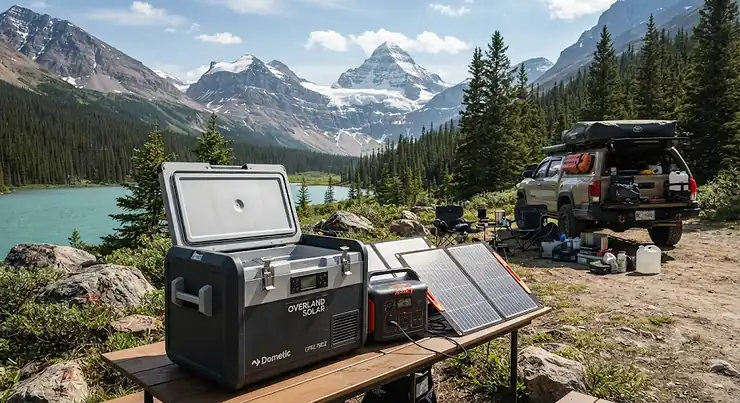 A portable solar fridge for overlanding powered by solar panels at a remote campsite in the Canadian Rockies.