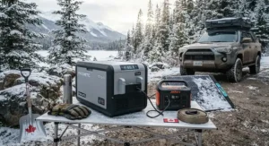 A portable solar fridge for overlanding operating efficiently in a chilly, snow-dusted off-grid camp setting in Canada.