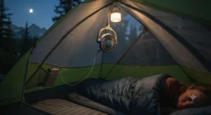 A quiet, bladeless portable fan for hiking hanging inside a camping tent on a warm night.