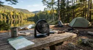 A rechargeable mini desk fan providing a cooling breeze on a wooden picnic table at a scenic backcountry campsite in Quebec.