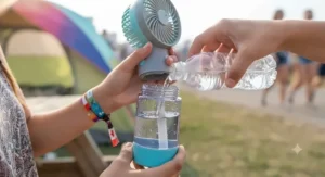 Close-up of hands filling the water reservoir of a portable misting fan for festivals before heading into the crowd.