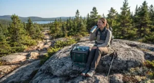A hiker taking a refreshing break on a Canadian Shield granite path with their lightweight cooler for day hikes.