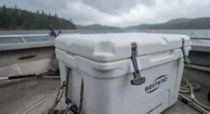 Heavy-duty rotomolded fish cooler for a boat built to withstand harsh marine weather conditions.