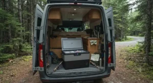 A rugged portable freezer for off-grid RV sitting in the cargo area of a converted camper van parked in a remote forest.