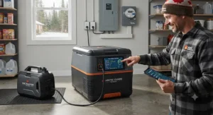 A smart generator-compatible cooler displaying digital power management controls for Canadian homeowners.