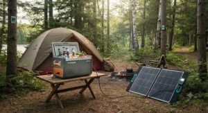 Energy-efficient 12V cooler for off-grid living connected to a portable solar panel setup at a Canadian provincial park campsite.