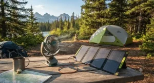 A rechargeable portable fan for hiking powered by a solar bank at a Canadian backcountry campsite.