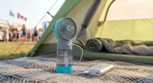 A USB rechargeable portable misting fan for festivals plugged into a portable power bank inside a camping tent.