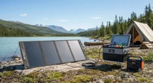 A durable, weather-resistant foldable solar panel for camping fridge deployed under a clear sky in northern Canada.