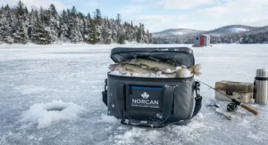 A durable waterproof fish bag cooler sitting on a frozen lake during a Canadian ice fishing excursion.