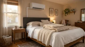 A quiet 12000 BTU ductless AC for cottage bedroom installation ensuring a comfortable night's sleep in warm weather.