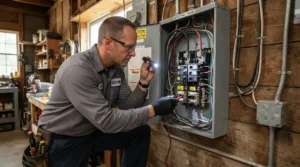 An electrician checking the breaker box for a 12000 BTU ductless AC for cottage seasonal electrical panel capacity.
