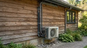 An exterior view of a 12000 BTU ductless AC for cottage setup highlighting the protective refrigerant line set cover.