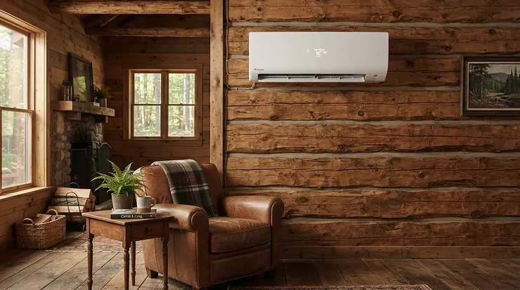 A modern 12000 BTU ductless AC for cottage living rooms mounted on a pine wall, keeping the space cool during summer.