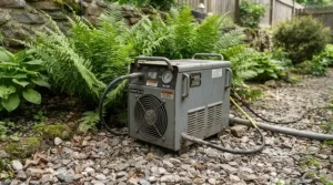 A weather-resistant outdoor condenser unit for a 12000 BTU ductless AC for cottage placed on a gravel pad.