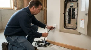 Checking 15-amp circuit limits while plugging in an 8000 BTU window AC for small cottage.
