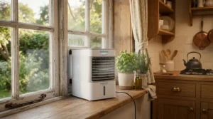 An efficient 8000 BTU window AC for small cottage keeping the kitchen comfortable during cooking.