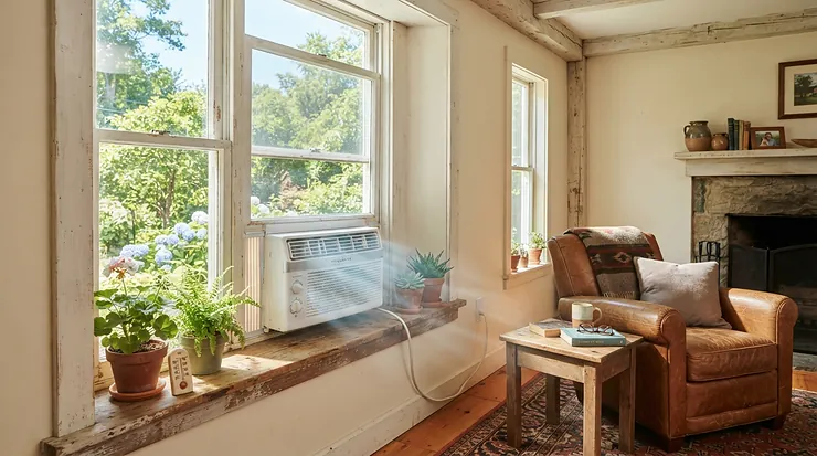 An 8000 BTU window AC for small cottage cooling a bright living area on a warm summer afternoon.