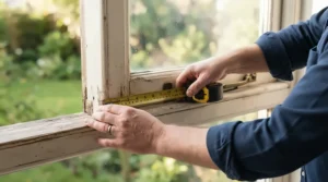 Measuring window opening dimensions before fitting an 8000 BTU window AC for small cottage.