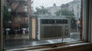 An 8000 BTU window AC for small cottage safely sealed against summer rain showers.