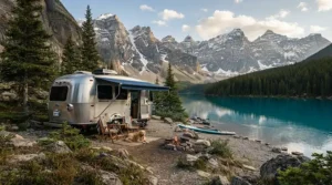 An inverter generator for RV air conditioner powering a travel trailer by a scenic Canadian Rockies mountain lake.