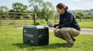 Testing the noise level of a quiet generator for RV air conditioner using a decibel meter at a peaceful campsite.
