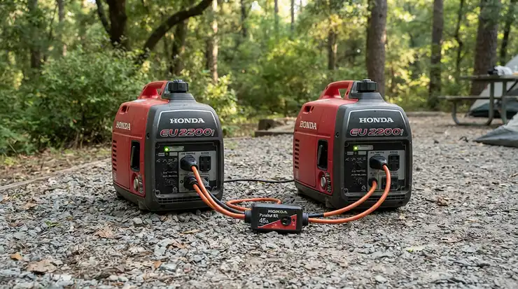 Two inverter generators linked with a parallel kit to act as a dual generator for RV air conditioner use.