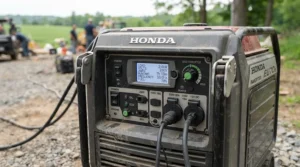 A digital control panel on a generator for RV air conditioner showing running watts during hot summer weather.