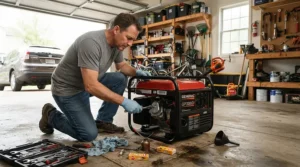 Maintaining a winterized generator for RV air conditioner in a home garage ahead of the Canadian camping season.