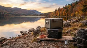 A portable generator and cooler combo for camping set up near a tranquil lake in northern Ontario during autumn.