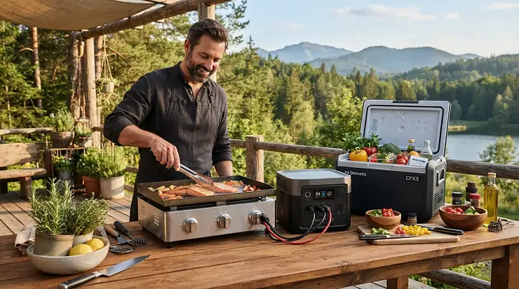 Camp kitchen setup featuring a portable generator and cooler combo for camping powering a small electric stove.