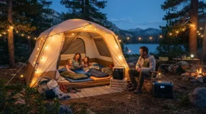A family enjoying their campsite with a portable generator and cooler combo for camping powering string lights.
