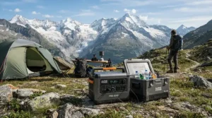 Hikers using a portable generator and cooler combo for camping at a scenic alpine campsite in the Rocky Mountains.