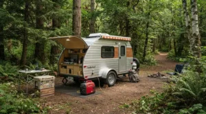 Overland travelers setting up a portable generator and cooler combo for camping next to their teardrop trailer.
