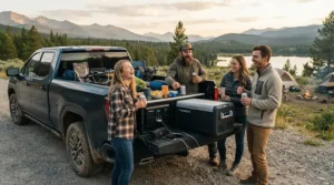 Tailgating enthusiasts using a portable generator and cooler combo for camping outside a truck at a provincial park.