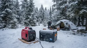 A winter camper utilizing a portable generator and cooler combo for camping in snowy backcountry conditions.
